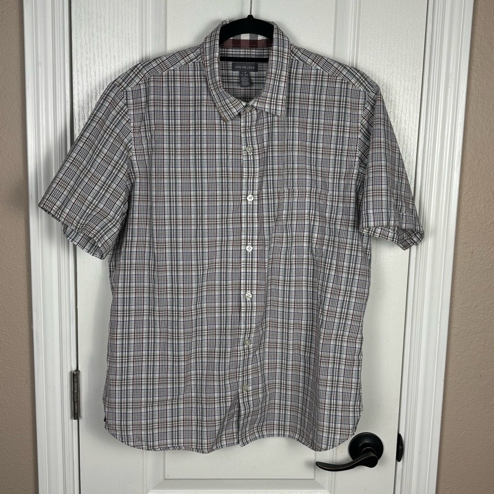 Van Heusen Men's Gray Plaid Short Sleeve Collared Casual Button Down Shirt Large